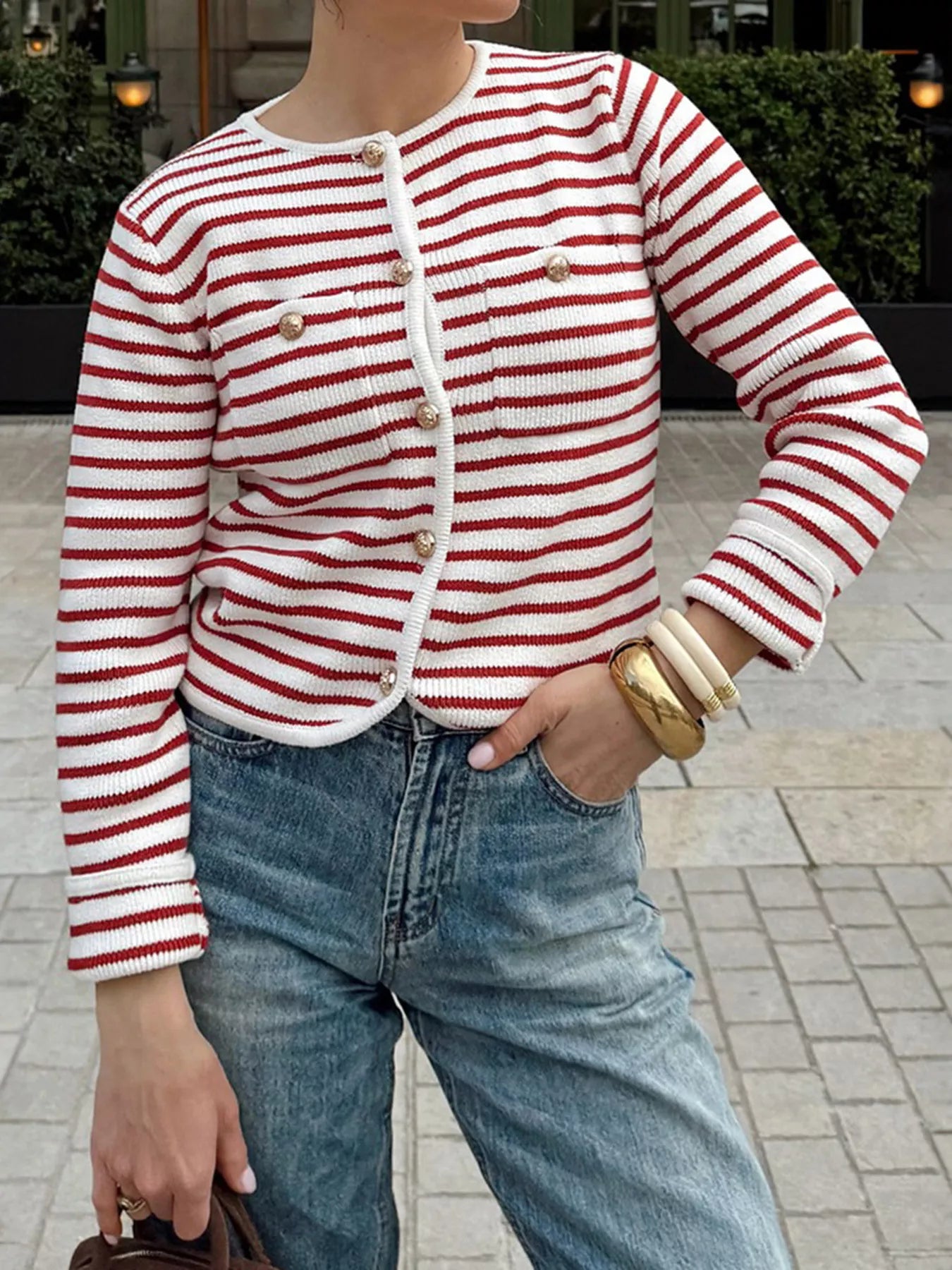 Striped Knit Button Up Cardigan Red OutfitFlow