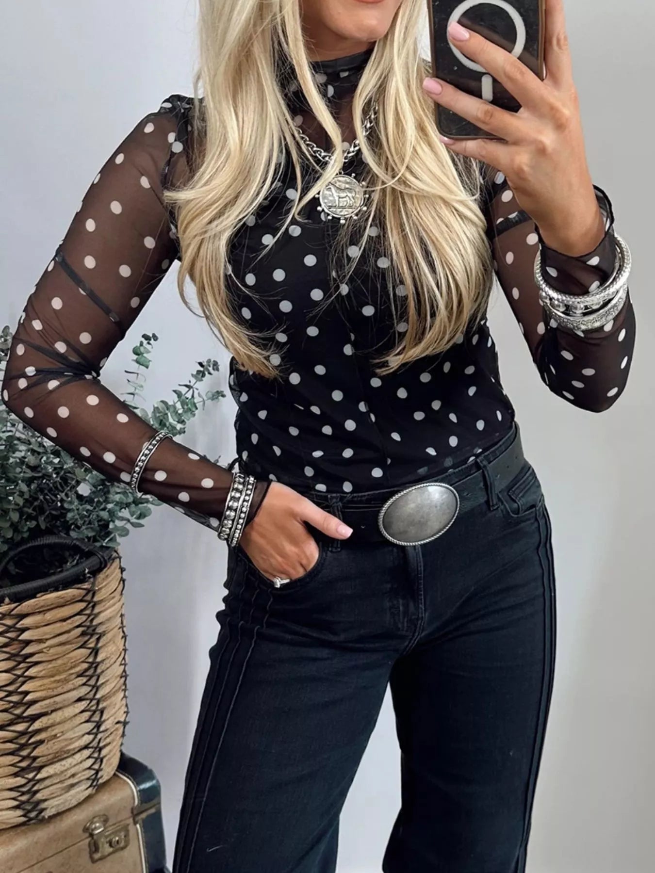 Polka Dot Patterned Bodycon Mock Neck Mesh Long Sleeve Top Trendsi