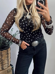 Polka Dot Patterned Bodycon Mock Neck Mesh Long Sleeve Top Trendsi