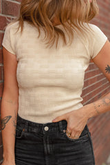 Textured Crew Neck Cap Sleeve Slim T Shirt Beige OutfitFlow