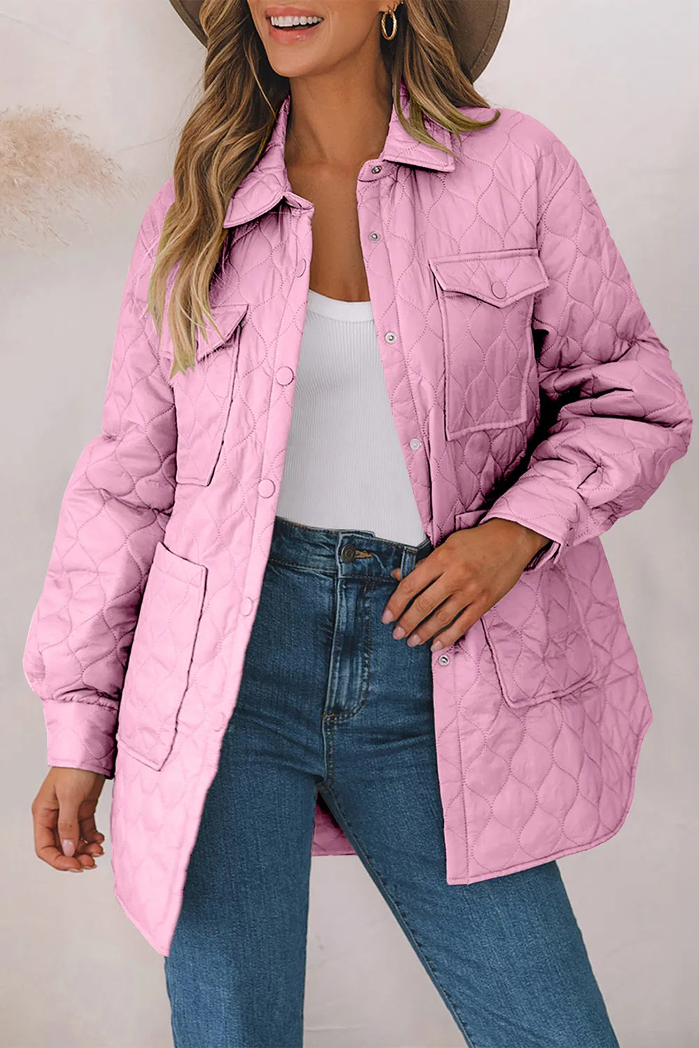 Snap Down Collared Winter Coat Pink OutfitFlow
