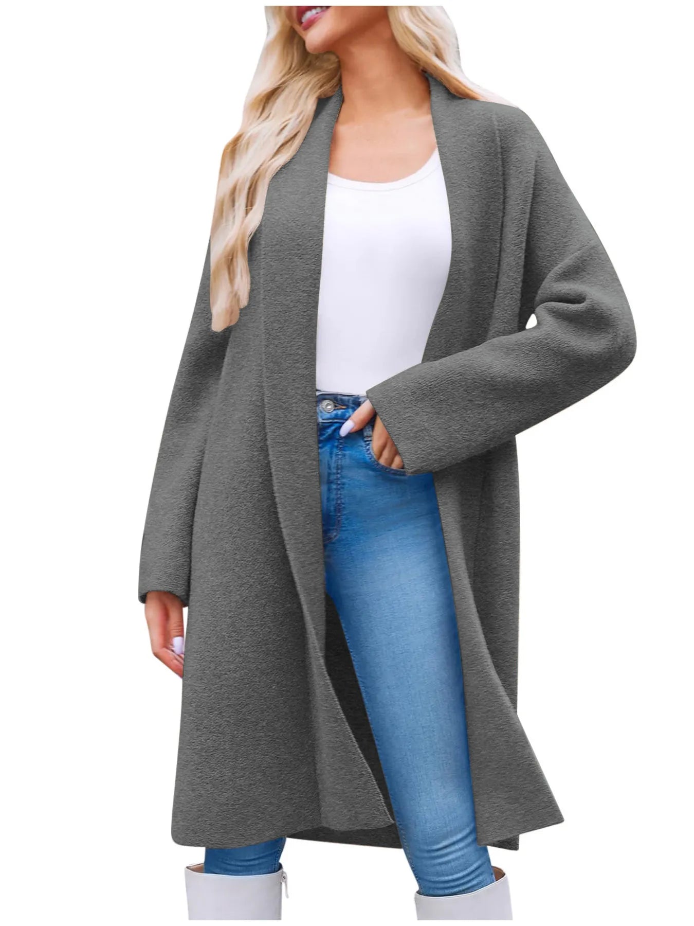 Open Front Longline Coat Dark Gray OutfitFlow