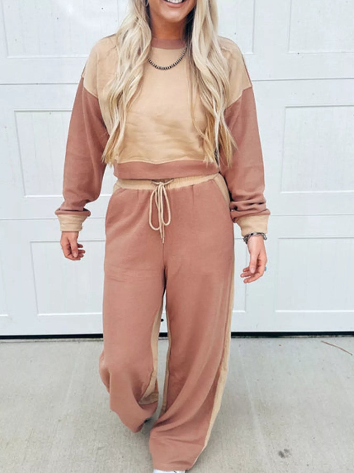 Color Block Long Sleeve Crop Top Drawstring Pant Set OutfitFlow