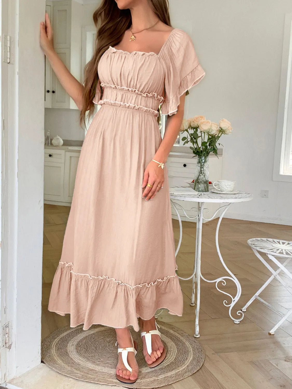 Square Neck Puff Sleeve Ruffle Trim Maxi Dress OutfitFlow
