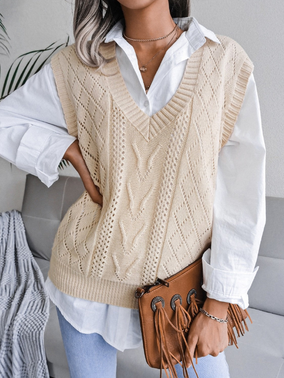 Outfit Flow - Openwork V-Neck Sweater Vest