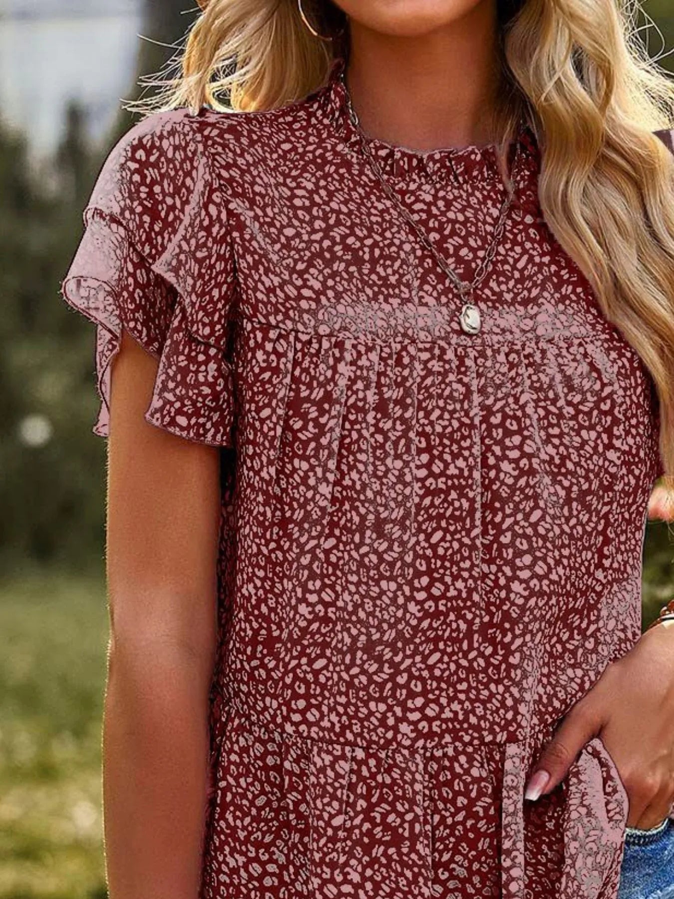 Printed Ruffle Sleeve Babydoll Blouse OutfitFlow