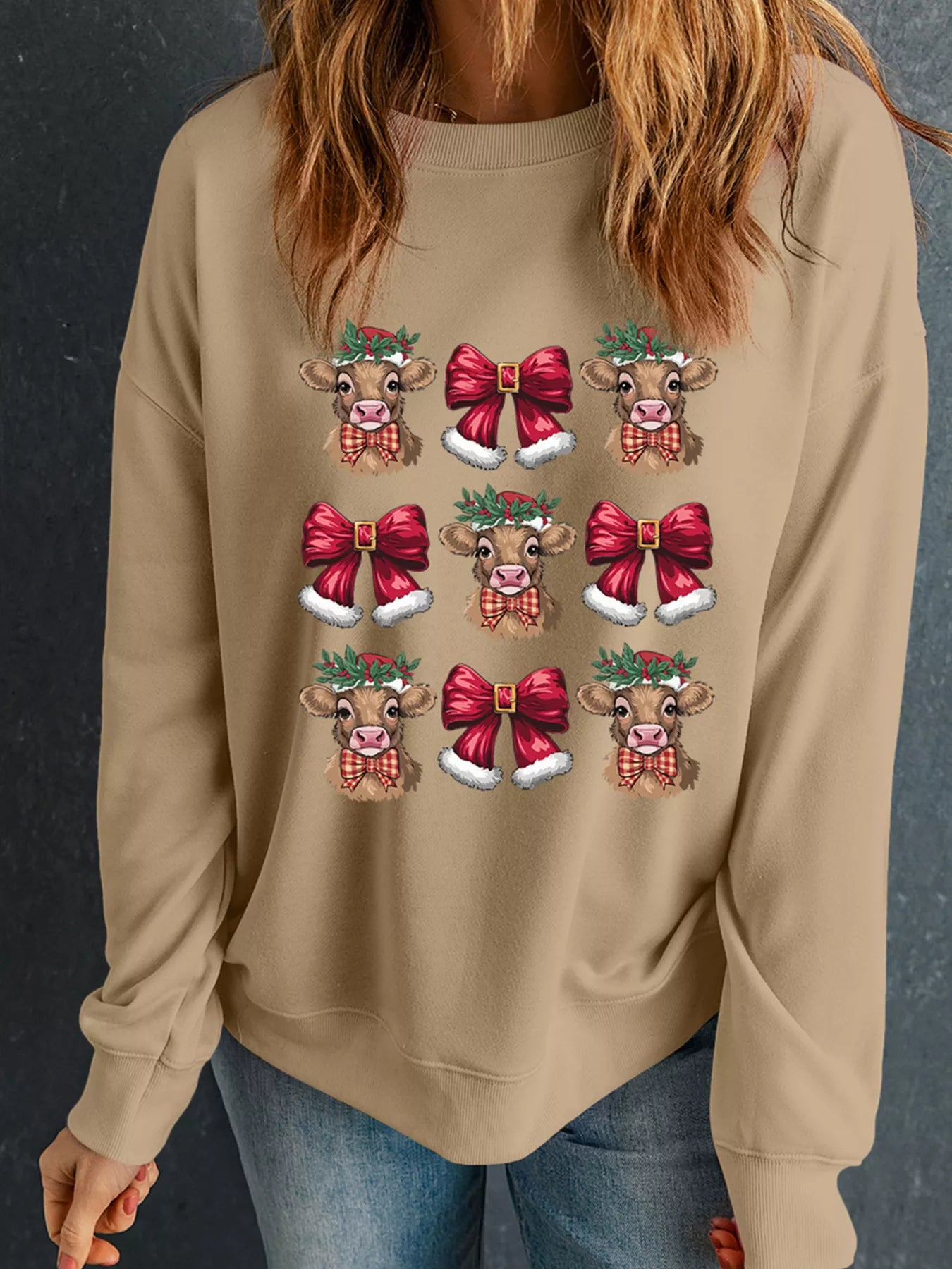 Christmas Heifer Bow Knot Print Casual Sweatshirt OutfitFlow