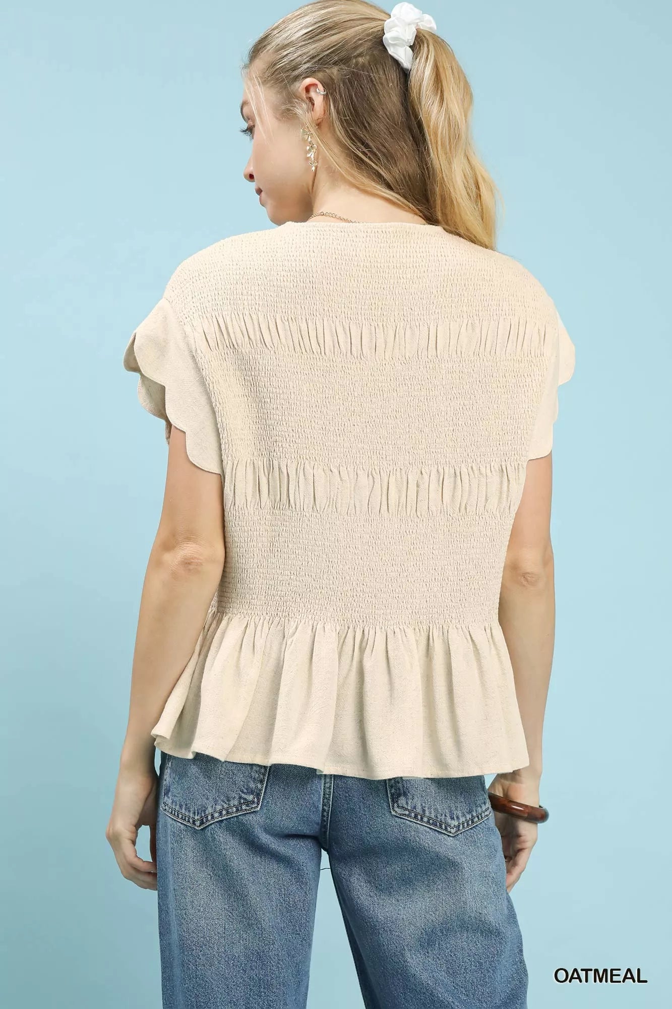 Umgee Linen Blend Smocked Peplum Blouse OutfitFlow