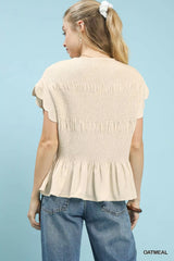 Umgee Linen Blend Smocked Peplum Blouse OutfitFlow