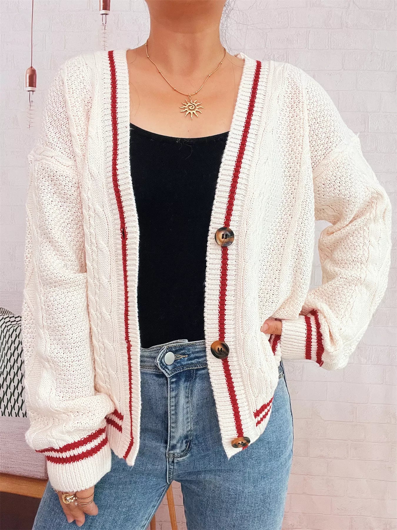 Star Pattern Button-Up Cardigan with Contrast Trim OutfitFlow