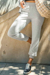 Umgee Full Size High Rise Elastic Waist Knit Joggers with Pockets Plus Size Light Gray OutfitFlow