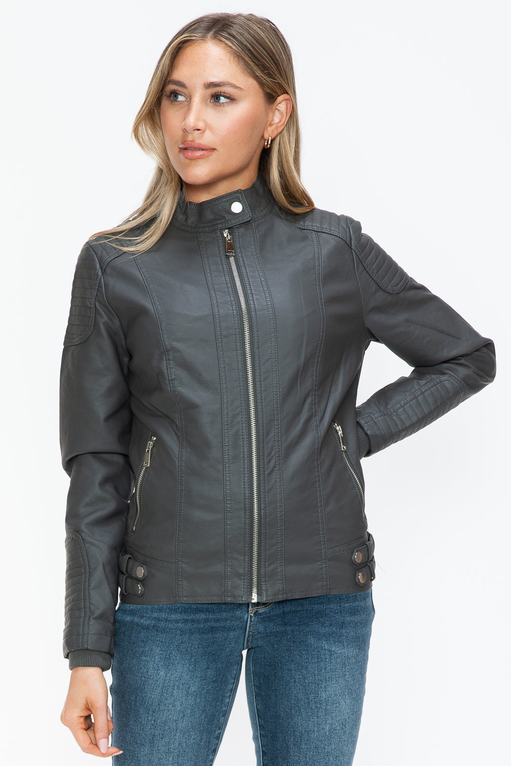 Outfit Flow - Snobbish Faux Leather Biker Jacket with Side Zip Pockets