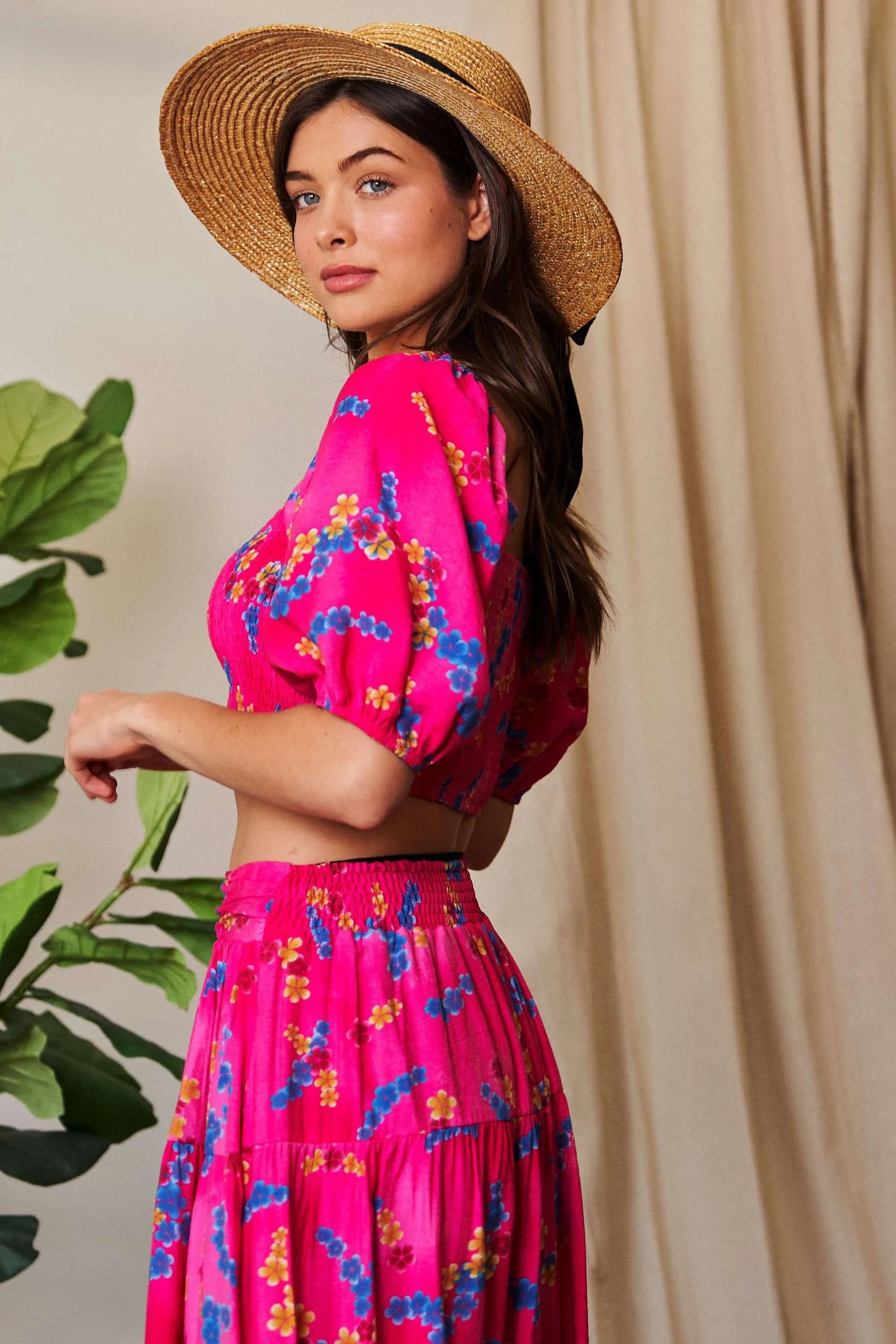 Davi & Dani Smocing Bodice Puff Short Sleeve Printed Crop Top OutfitFlow