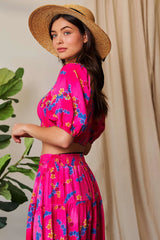 Davi & Dani Smocing Bodice Puff Short Sleeve Printed Crop Top OutfitFlow