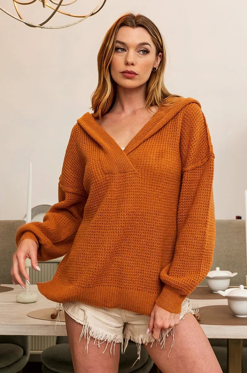 BiBi Raw Edge Detail V-Neck Sweater Hoodie OutfitFlow