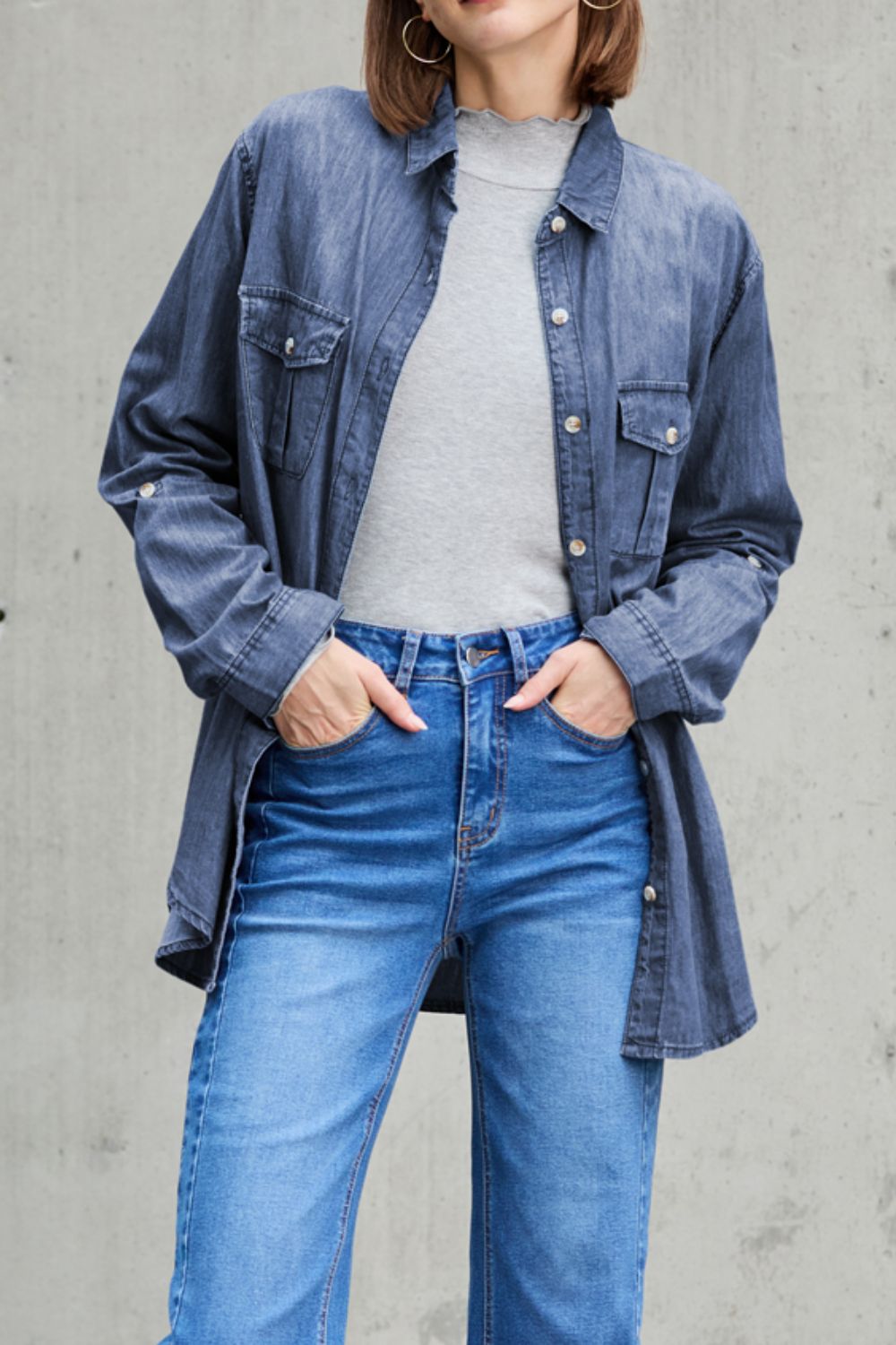 Pocketed Collared Neck Long Sleeve Denim Top OutfitFlow
