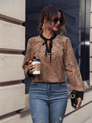 Animal Print Contrast Trim Tie Front Blouse OutfitFlow