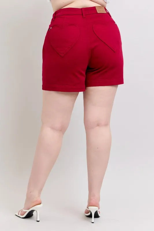 Judy Blue Full Size High Waist Tummy Control Garment Dyed Heart Shaped Denim Shorts Plus Size OutfitFlow