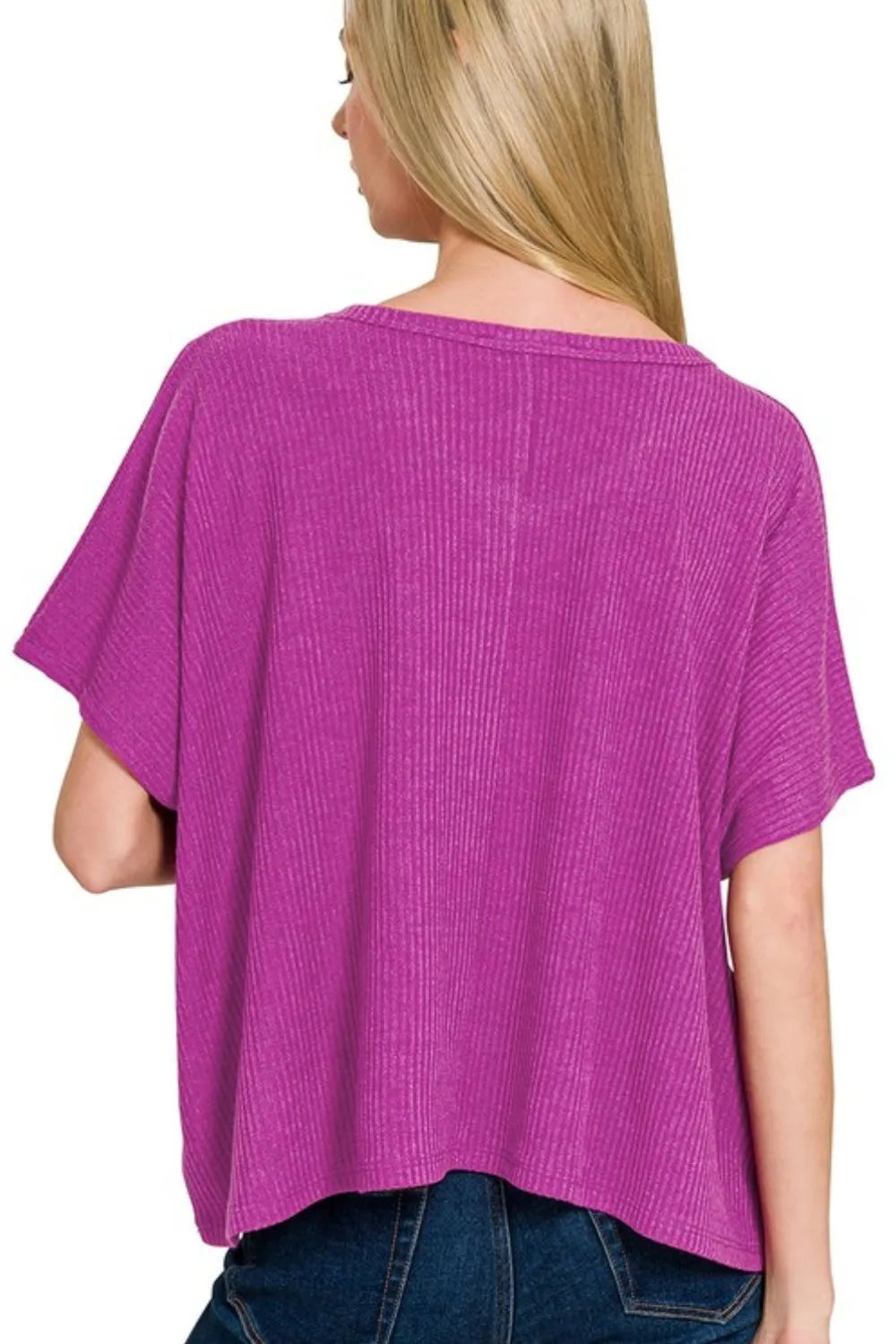Zenana Ribbed V-Neck Short-Sleeve Knit Top OutfitFlow