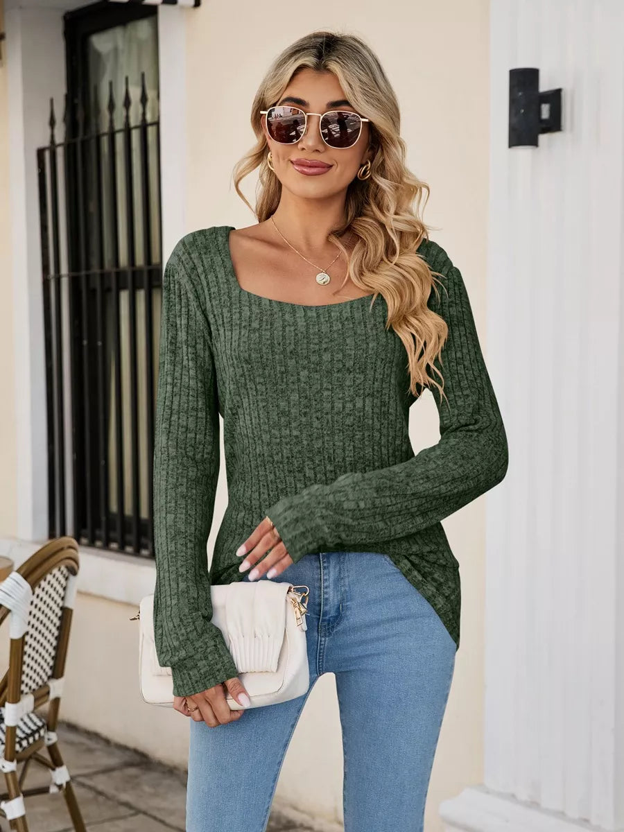 Ribbed Square Neck Long Sleeve T-Shirt Trendsi