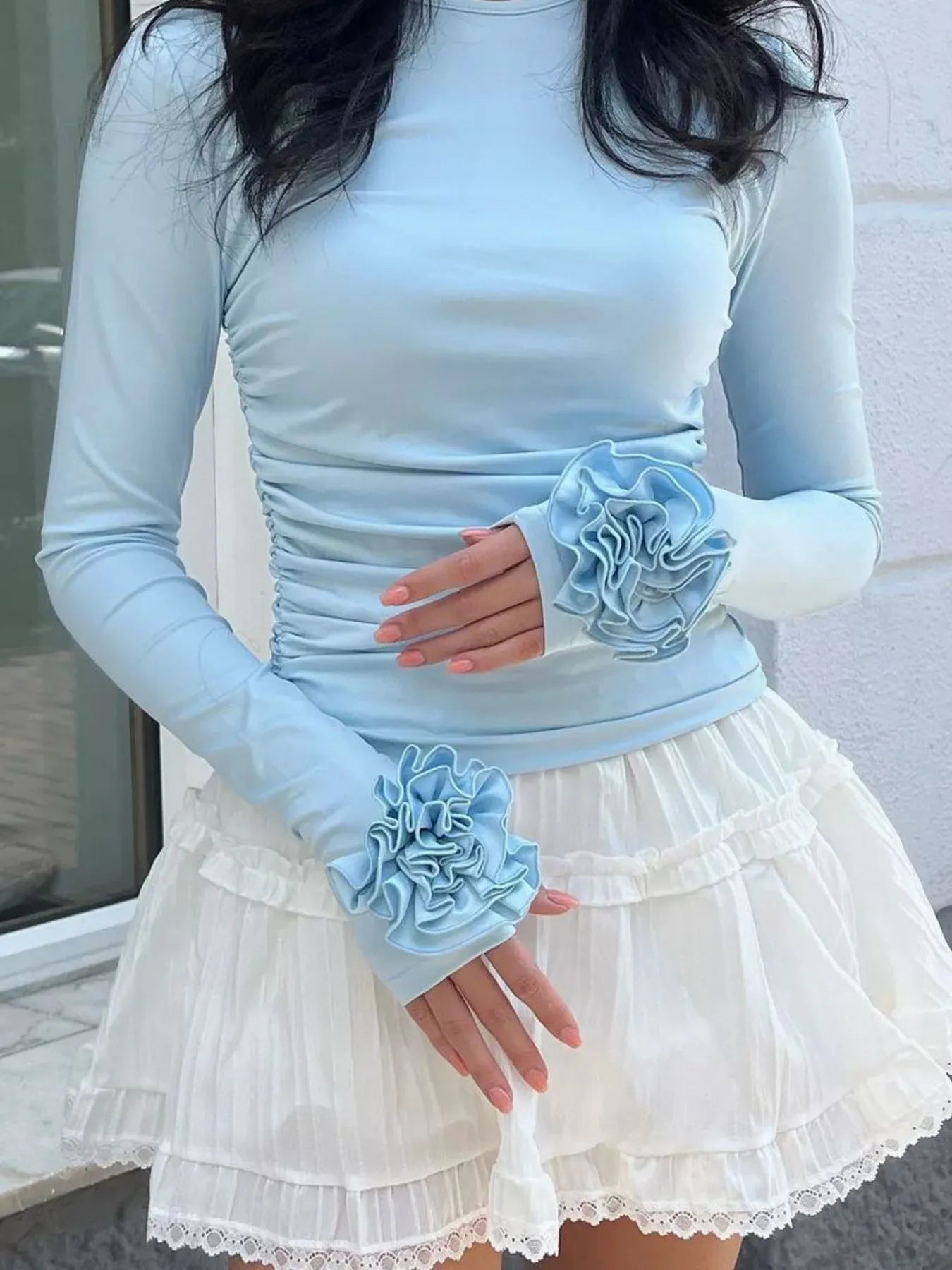 Flower Round Neck Long Sleeve T-Shirt Light Blue OutfitFlow