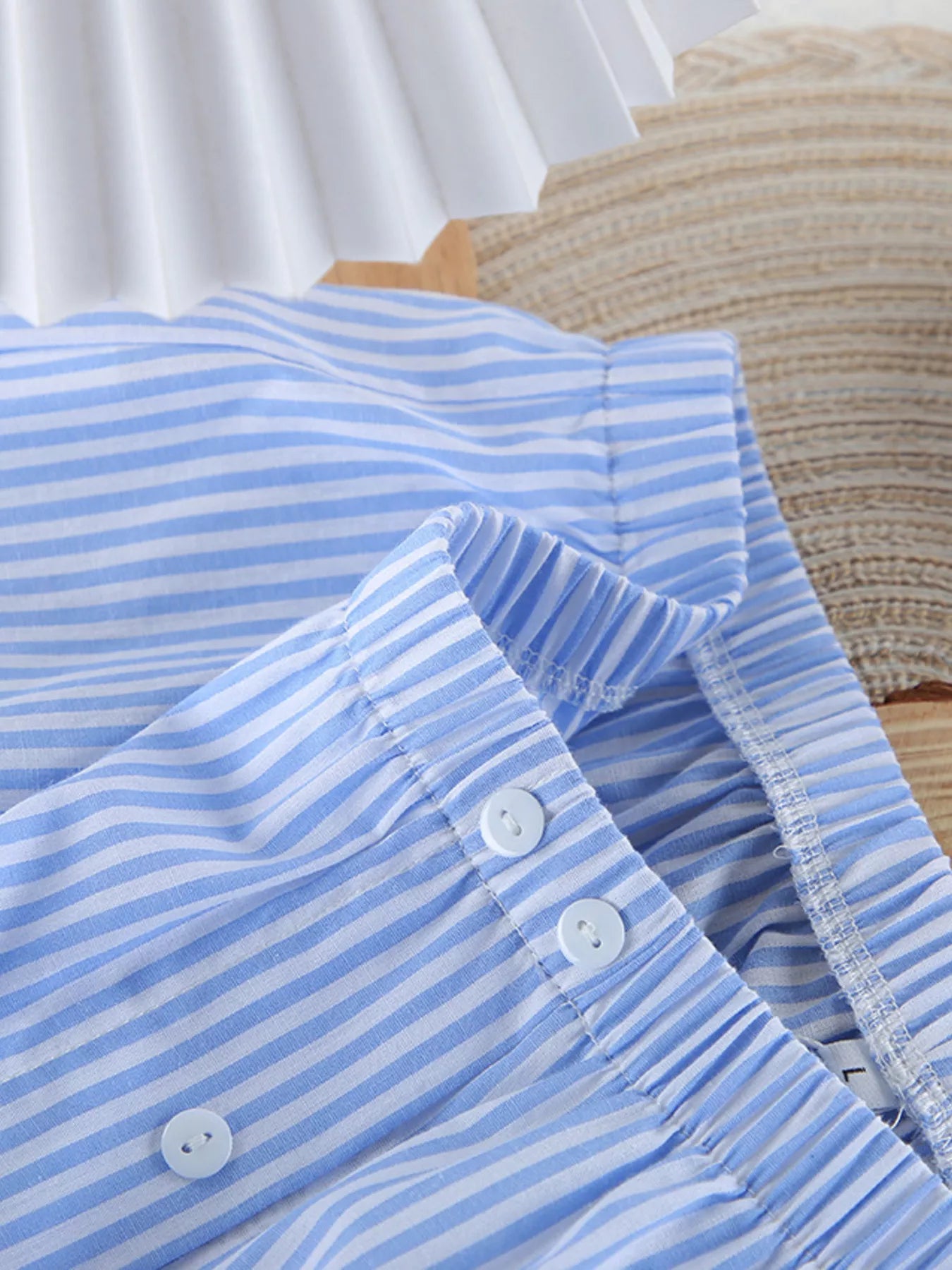 Striped Button Up Shirt and Shorts Lounge Set OutfitFlow