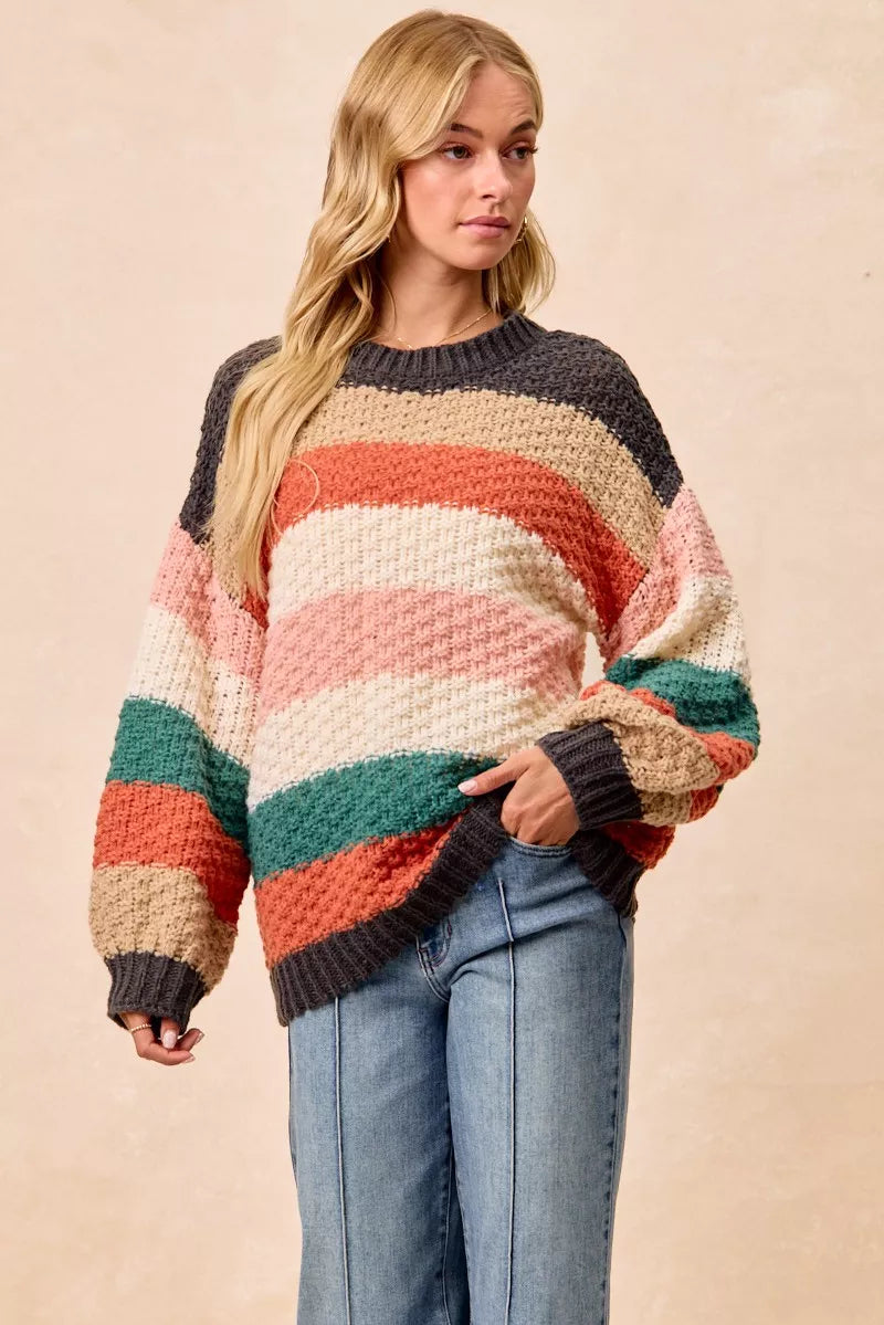 BiBi Stripes Color Block Chunky Sweater OutfitFlow