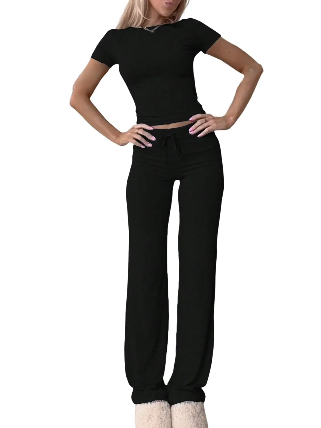 Round Neck Short Sleeve Top and Pants Set OutfitFlow