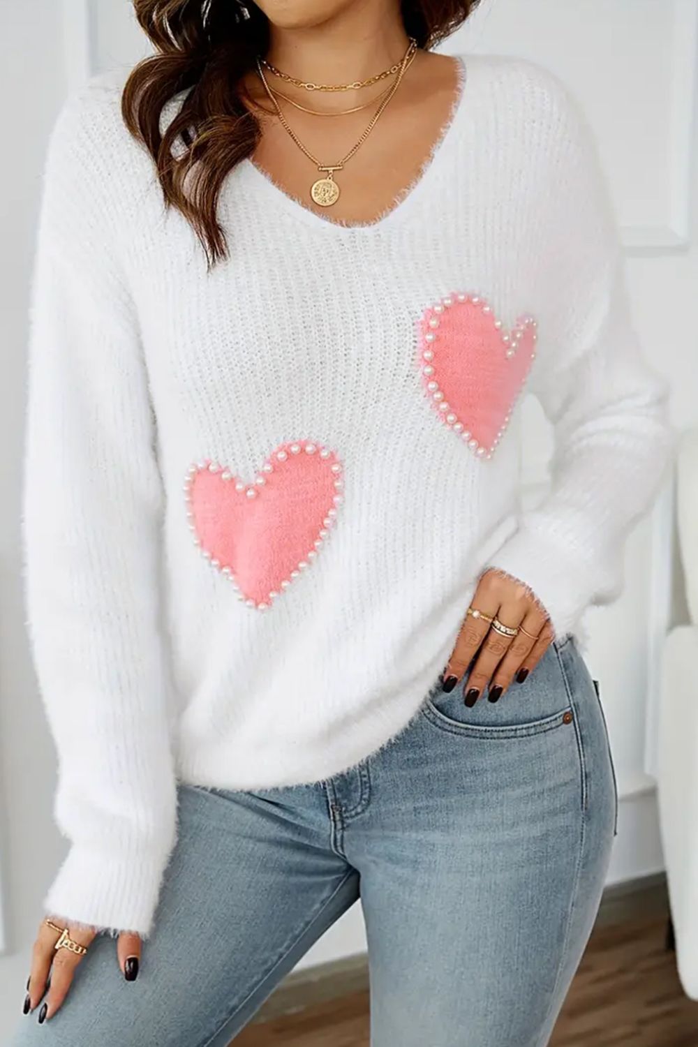 Outfit Flow - Heart V-Neck Long Sleeve Sweater