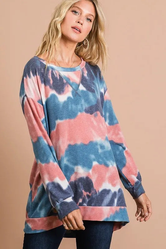 BiBi Tie Dye French Terry Pull Over with Front Stitching Detail OutfitFlow