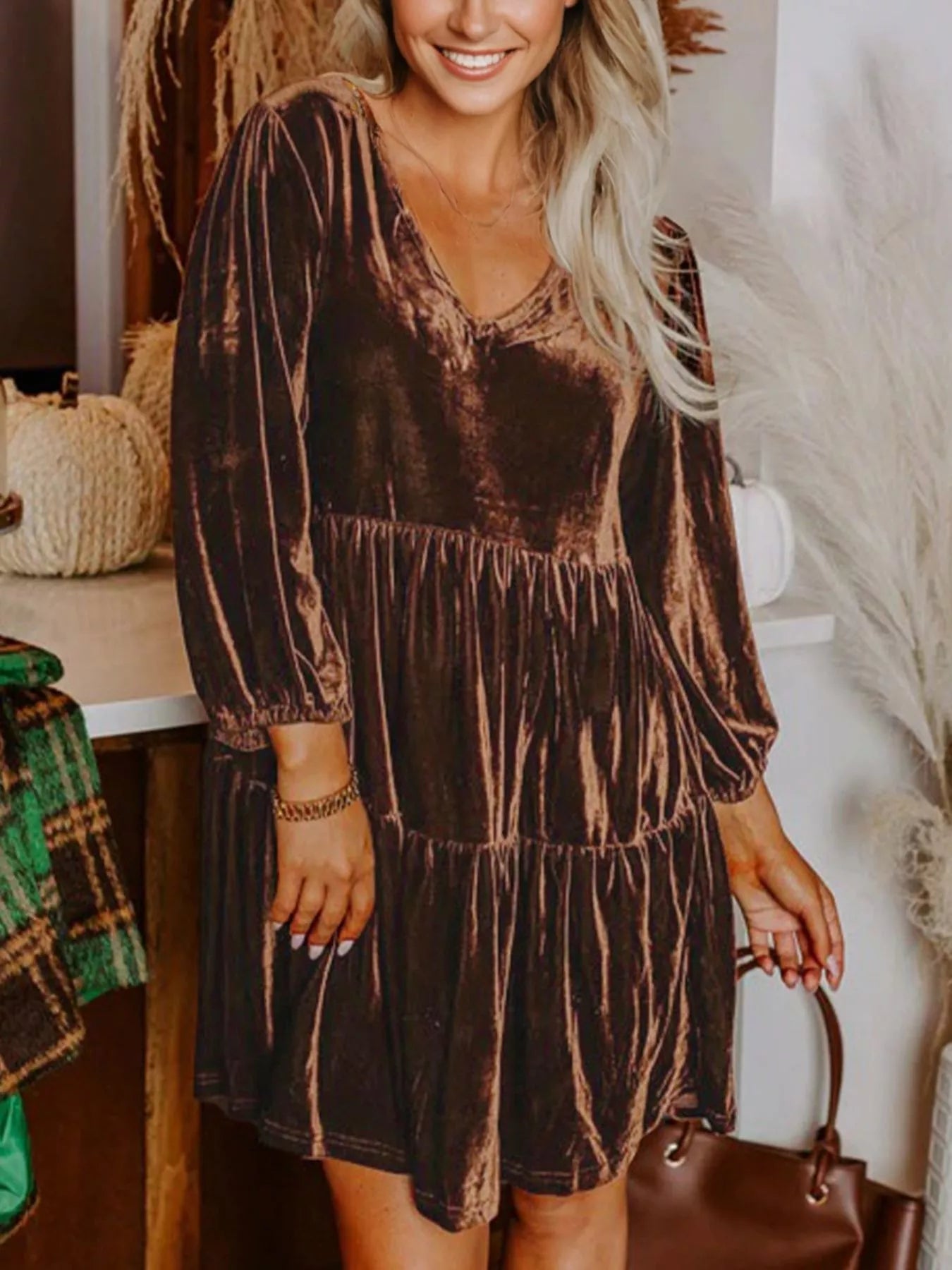 Solid Color Velvet V Neck Long Sleeve Tiered Mini Dress Brown Trendsi