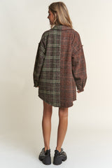 J.NNA Snap Down Tweed Plaid Contrast Longline Jacket