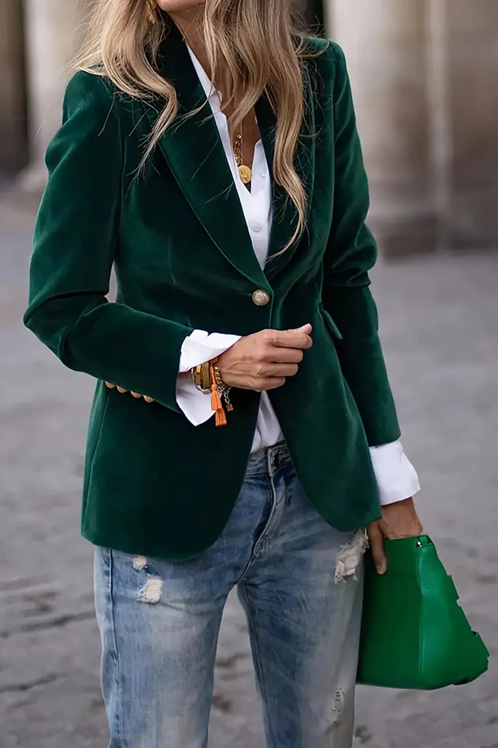 One Button Lapel Collar Long Sleeve Blazer Black Forest Trendsi