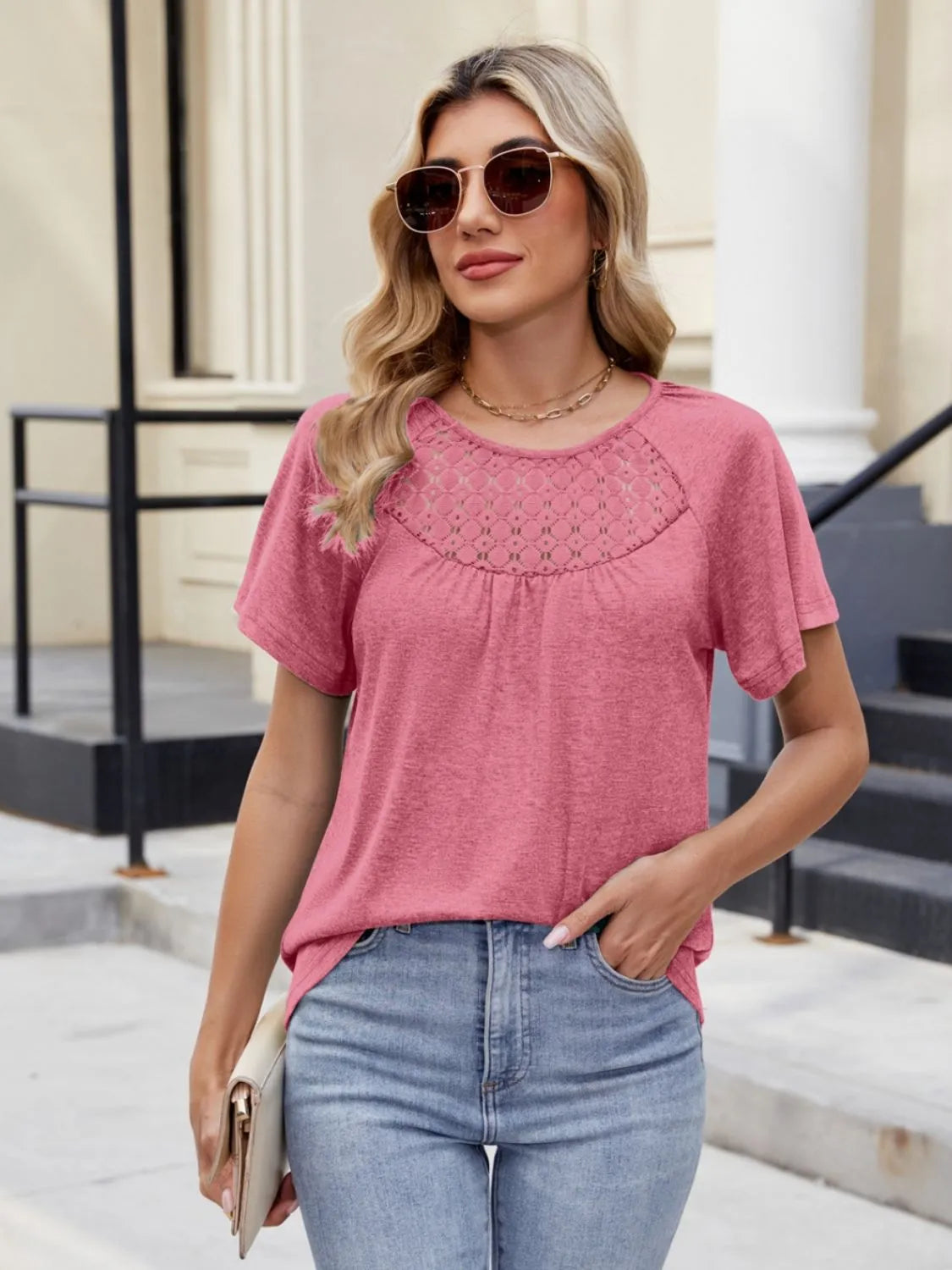 Lace Detail Round Neck Short Sleeve Blouse OutfitFlow