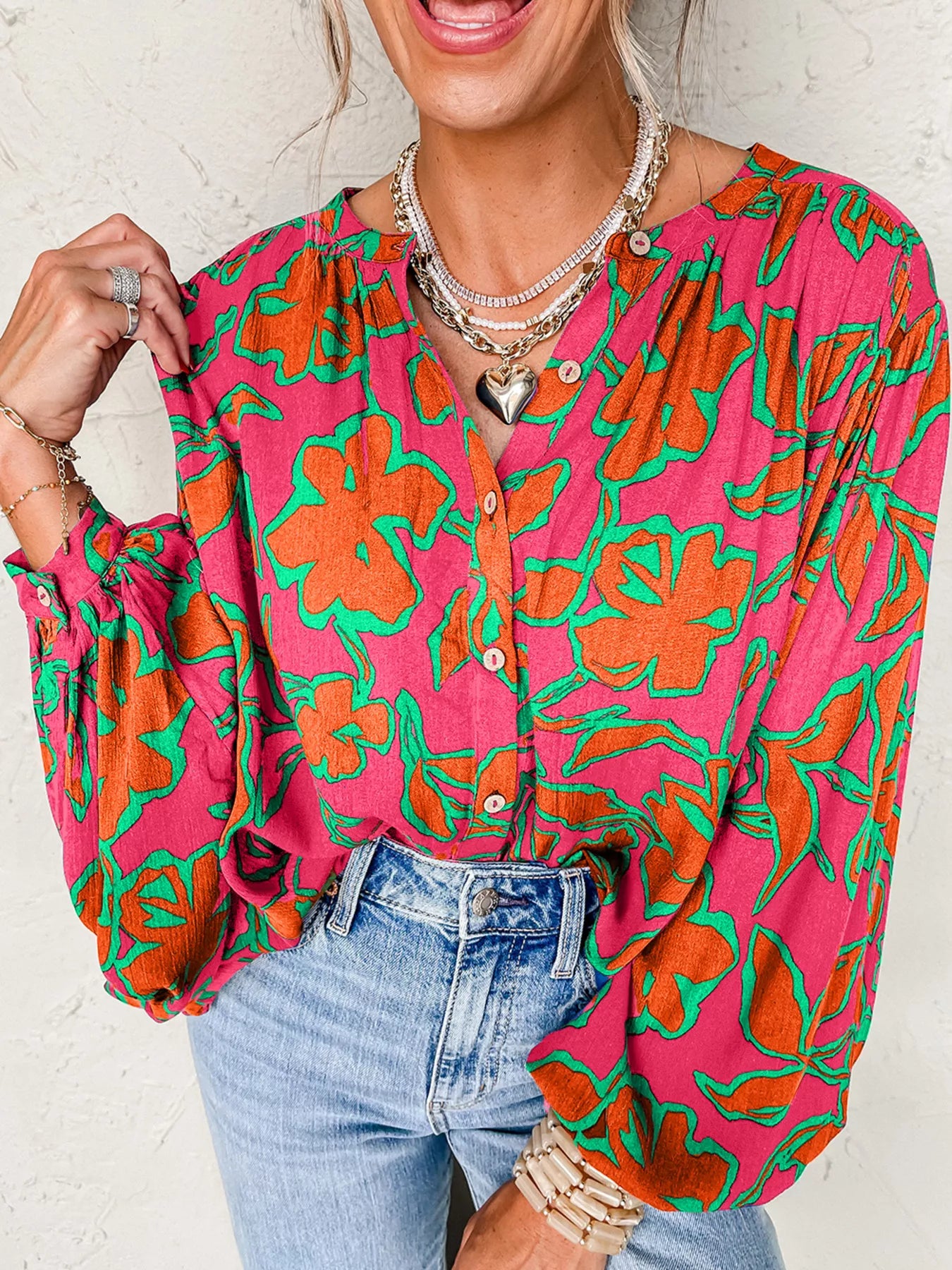 Floral Print Batwing Sleeve Buttoned Loose Fit Shirt Orange OutfitFlow