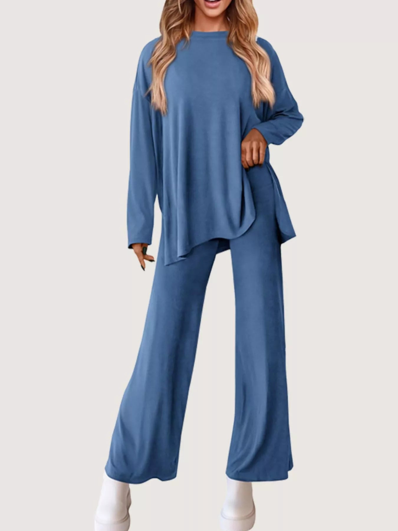 Casual Loose Long Sleeve Top and Wide Leg Pants Set Blue Trendsi