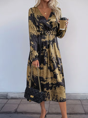 Outfit Flow - Perfee Printed Surplice Long Sleeve Midi Dress