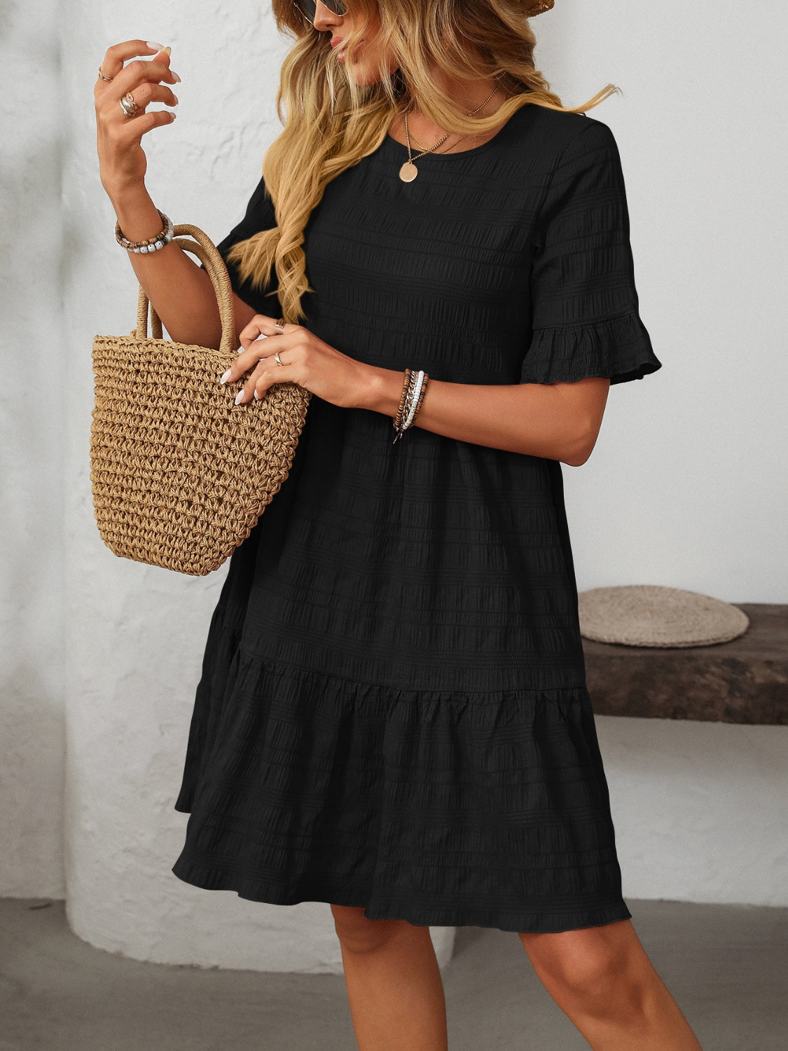 Outfit Flow - Mandy Ruffled Ruched Round Neck Half Sleeve Dress