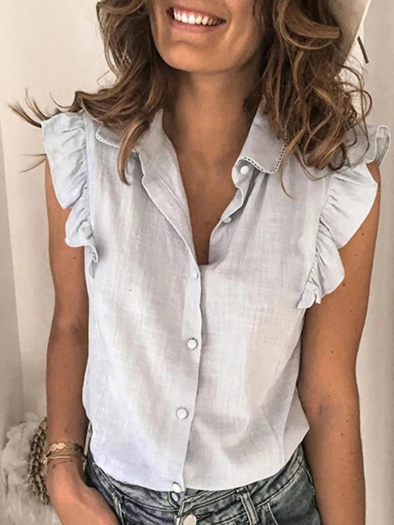 Ruffle Sleeve Button-Up Shirt Light Blue OutfitFlow