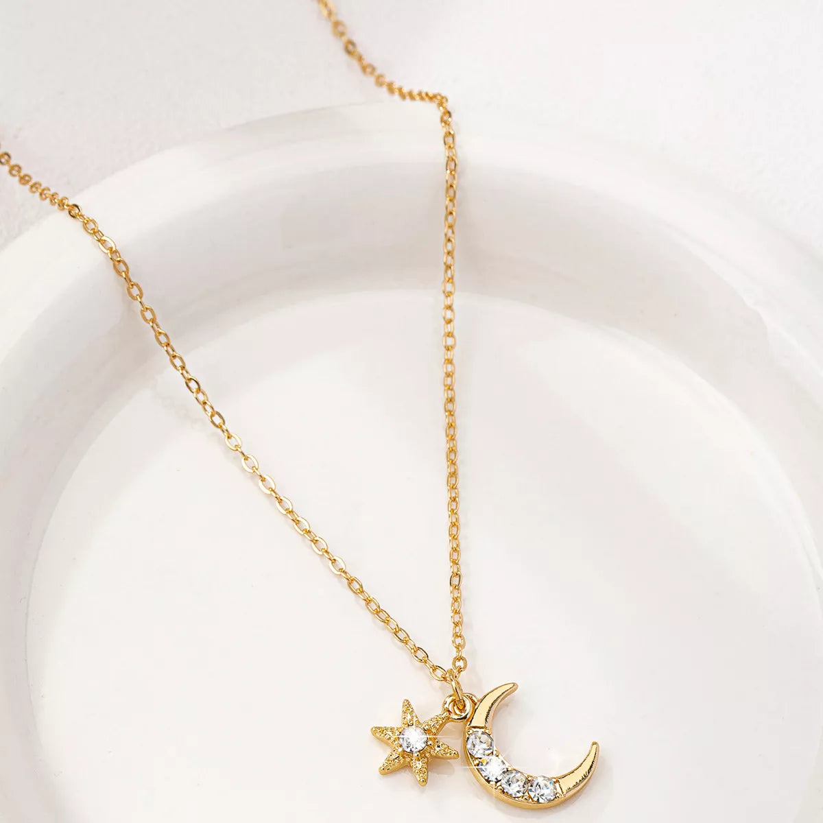 18K Gold-Plated Rhinestone Star & Moon Necklace OutfitFlow