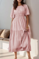 Puff Sleeve Pleated High Waist Flowy Midi Dress OutfitFlow