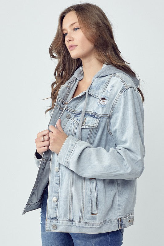 Outfit Flow - RISEN Full Size Distressed Drawstring Hooded Denim Jacket