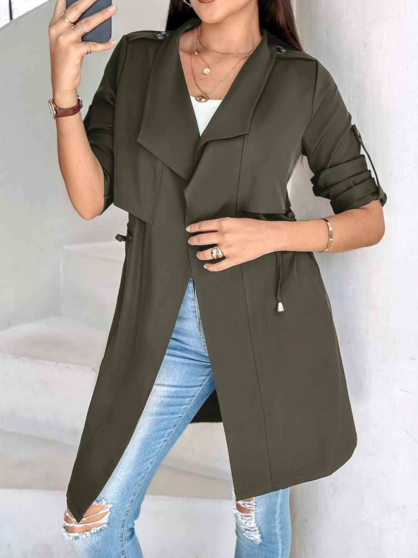 Drape Collar Lightweight Trench Coat OutfitFlow