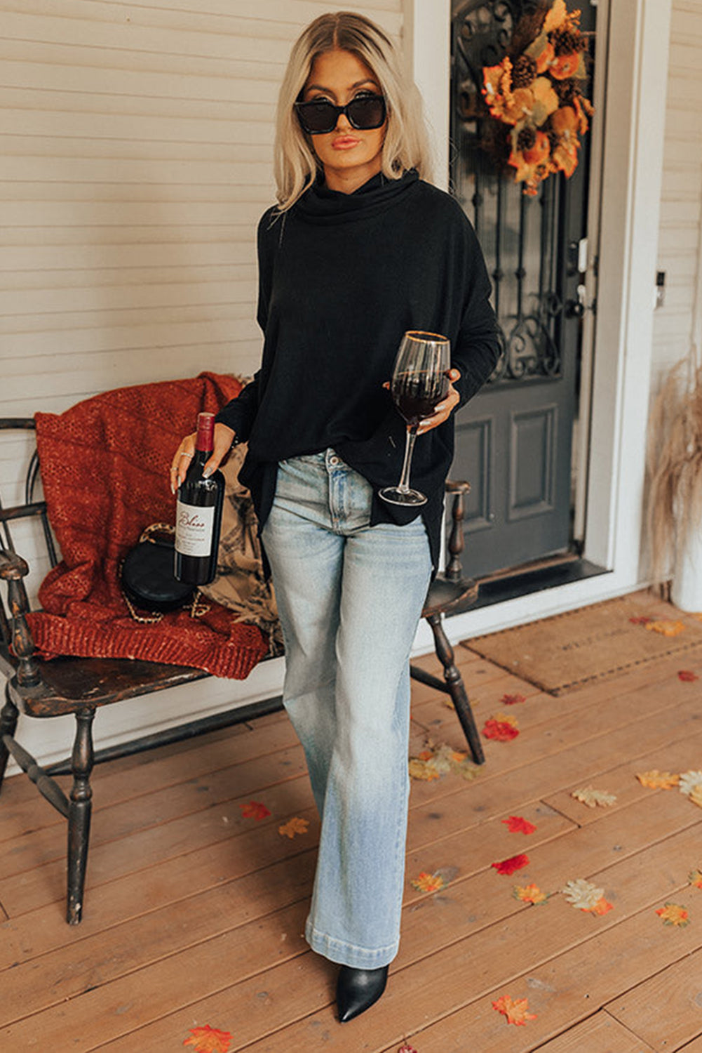 Outfit Flow - Side Slit High-Low Cowl Neck Long Sleeve Blouse