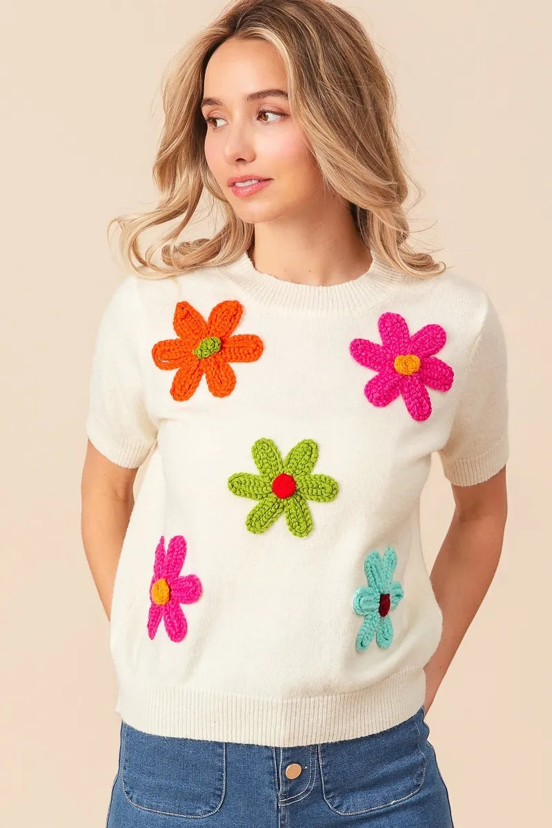 BiBi Crochet Flower Patch Sweater Top OutfitFlow