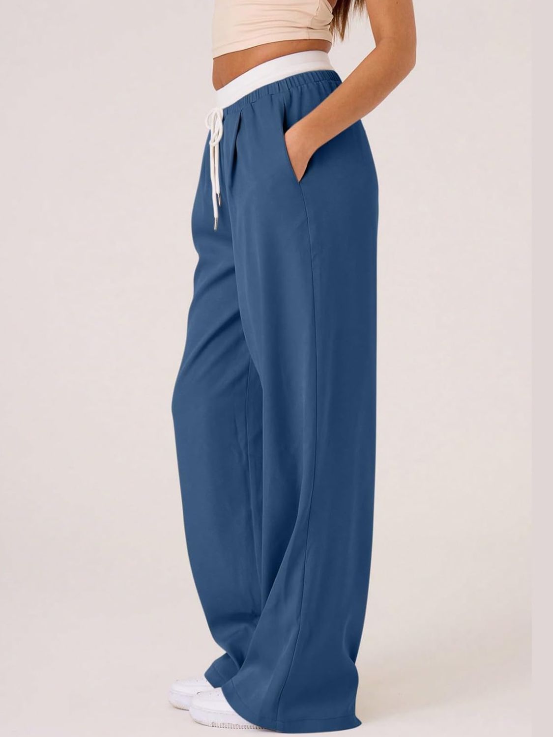 Outfit Flow - Contrast Waistband Drawstring Wide Leg Pants