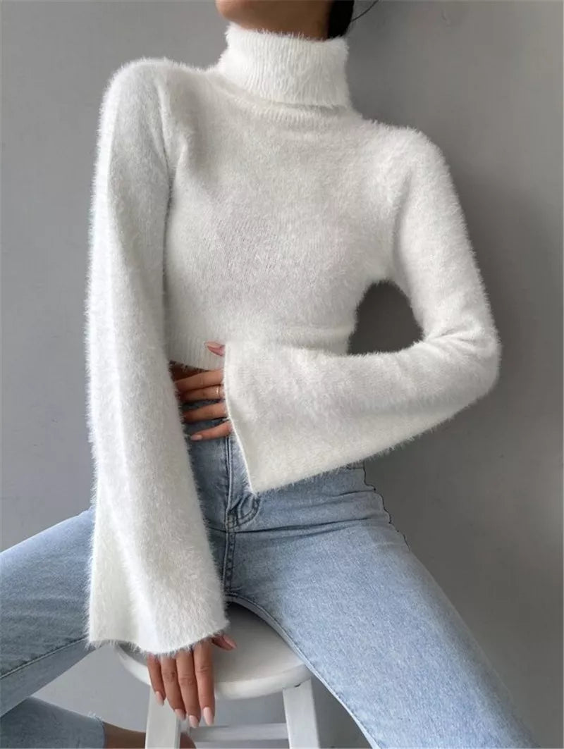 Fluffy Knit Turtleneck Bell Sleeve Cropped Sweater OutfitFlow