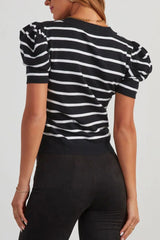 Stripe Ribbed Trim Round Neck Bubble Sleeve Knitted Top OutfitFlow