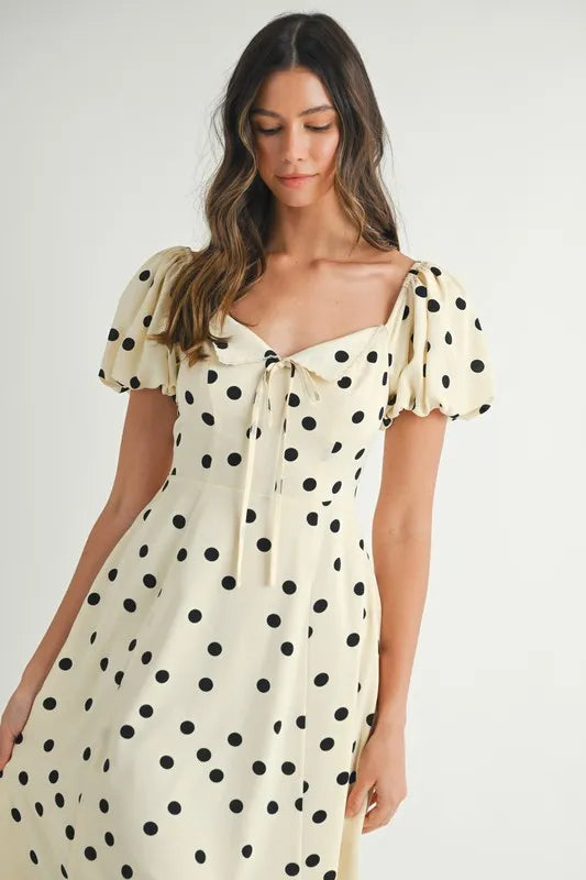 MABLE Polka Dot Puff Sleeve Midi Dress OutfitFlow