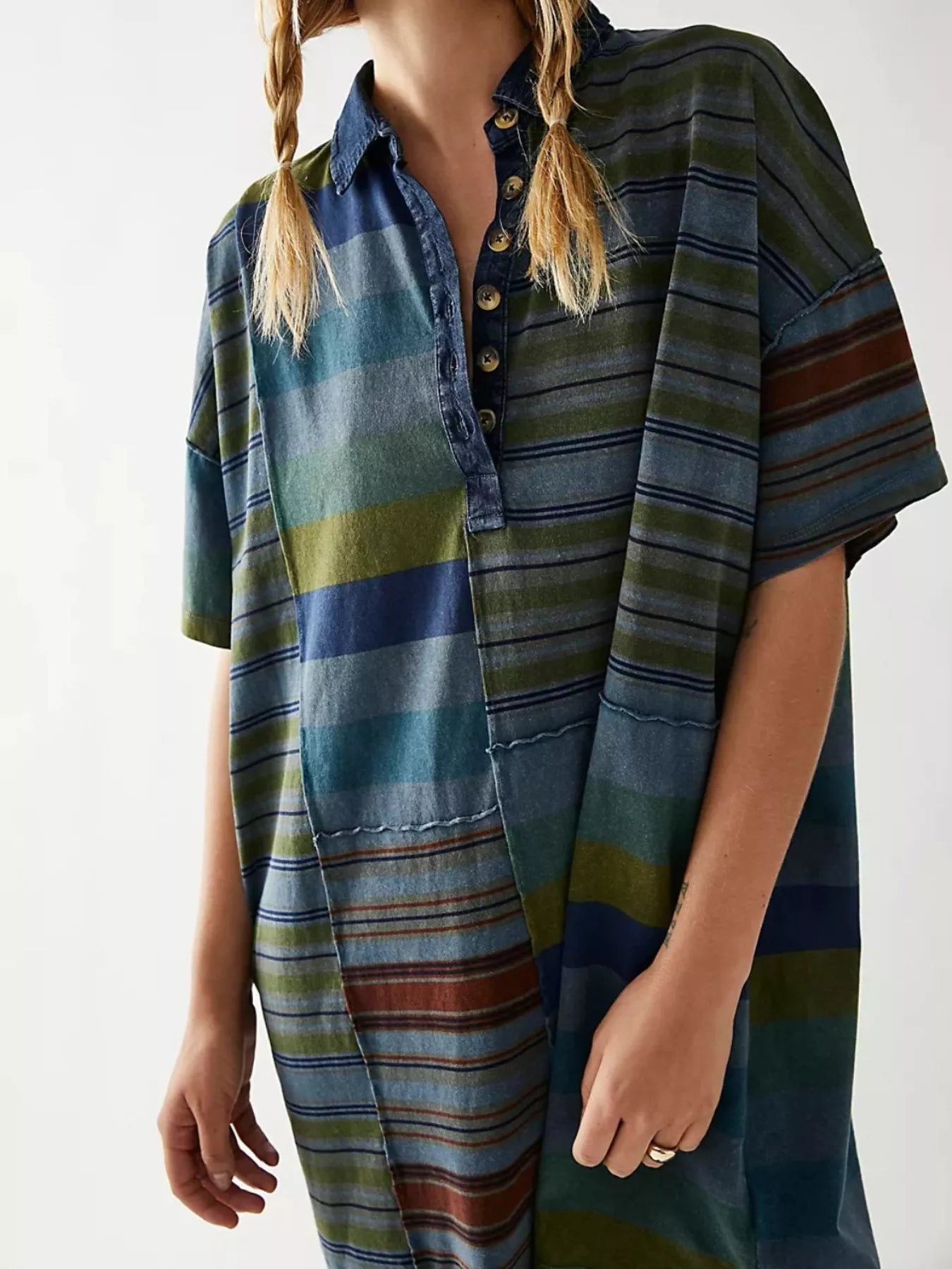 Striped Oversized Half Button Shirt Dress Dark Green Stripes OutfitFlow